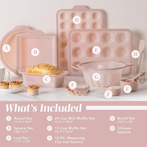 COOK WITH COLOR 17 Pc. Silicone Baking Pan Set - Non-Stick & Easy Clean Silicone Muffin Pans for Baking with Sturdy Metal Frame for Stability, Flexible Cake Molds, Includes Measuring Cups and Spoons