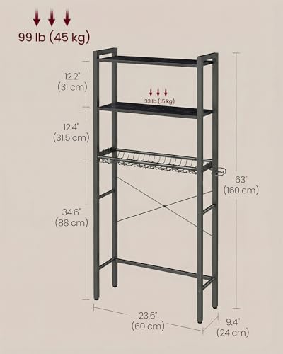 VASAGLE 3-Tier Over the Toilet Storage, Adjustable Shelves, Basket, 63''H