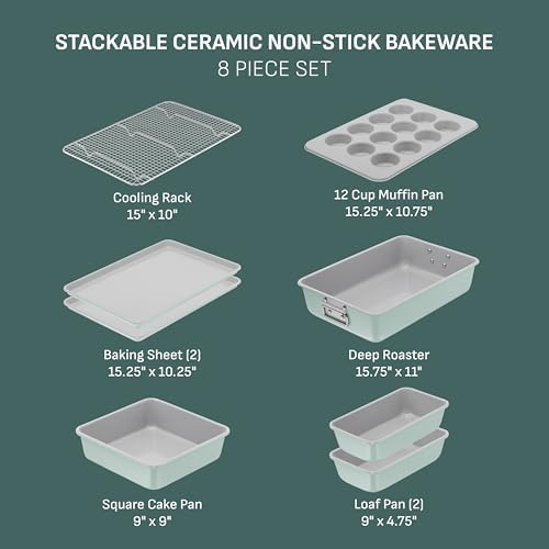 T-fal Refresh Ceramic Nonstick Baking Pans Set (8 Pc), Roaster, 12-Cup for Muffins, Loaf Trays, Baking Sheets Non Stick, Cooling Cooking Rack, Stackable Bakeware Set, Mint Green