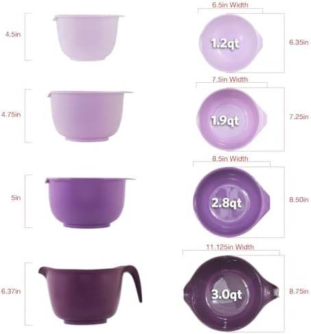 Glad Mixing Bowls with Pour Spout, Set of 4 - Nesting Plastic Bowls (1.2qt, 1.9qt, 2.8qt, and 3qt with Handle) - Non Slip Base, Dishwasher Safe Kitchen Cooking and Baking Supplies, Purple