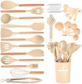 Kitchen Utensils Set - 34 PCS Non-Stick Silicone Cooking Utensils Set Spatula Set with Holder, Wooden Handle Spoon,Brush,Whisk Kitchen Gadgets Tools Set for Nonstick Cookware (Khaki-34P)