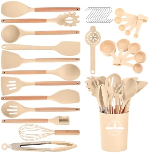 Kitchen Utensils Set - 34 PCS Non-Stick Silicone Cooking Utensils Set Spatula Set with Holder, Wooden Handle Spoon,Brush,Whisk Kitchen Gadgets Tools Set for Nonstick Cookware (Khaki-34P)