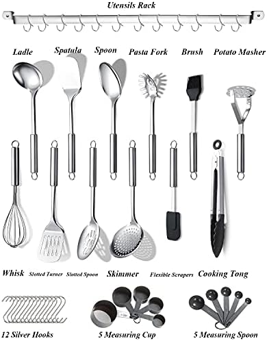 Berglander Kitchen Utensils Set 38 Pieces, Stainless Steel Cooking Utensils Set, Kitchen Gadgets Cookware, Kitchen Tool Set with Utensil Holder Rack And Hooks For Hanging Dishwasher Safe