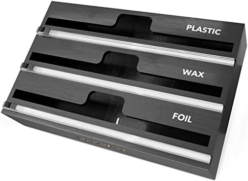 SpaceAid WrapNeat 3 in 1 Wrap Organizer with Cutter and Labels, Plastic Wrap, Aluminum Foil and Wax Bamboo Dispenser for Kitchen Storage Organization Holder for 12" Roll (Black)
