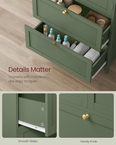 VASAGLE Bathroom Floor Cabinet with 2 Doors, 2 Drawers, Forest Green