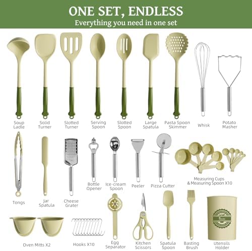 Kikcoin 43 PCS Silicone Kitchen Utensils Set, Dishwasher Safe Kitchen Cooking Utensils Set, 446°F Spatulas Silicone Heat Resistant, Non Toxic Silicone Utensils Set With Two-Tone Grip Handles, Green