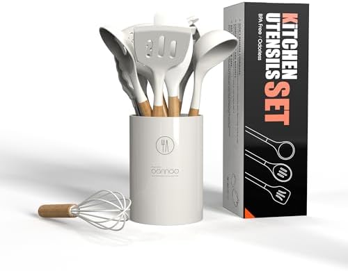 oannao Silicone Cooking Utensils Set - 446°F Heat Resistant Silicone Kitchen Utensils for Cooking,Kitchen Utensil Spatula Set w Wooden Handles and Holder for Non-Stick Cookware (Cream White)