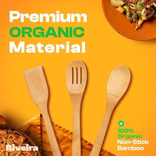 Riveira Bamboo Wooden Spoons for Cooking 3-Piece, Apartment Essentials Wood Spatula Spoon Nonstick Kitchen Utensil Set Premium Quality Housewarming Gifts for Everyday Use