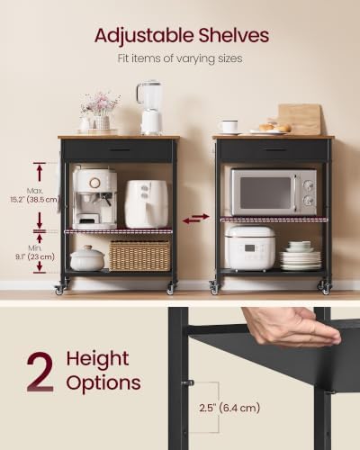 VASAGLE Kitchen Island Cart with Storage, Drawer, Adjustable Shelf, 2 Hooks