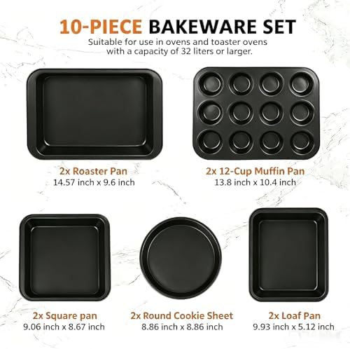 KOOMADE 10PCS Nonstick Baking Pans Set - Bakeware Sets for Cooking, Oven and Dishwasher Safe, Non Toxic, Includes Cookie Sheets for Baking, Muffin Pan, Bread Pan, Cake pan, Loaf Pan Roasting Pan Black
