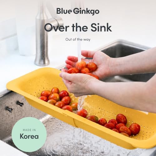 Blue Ginkgo Over Sink Colander, Extendable Kitchen Strainer, Yellow
