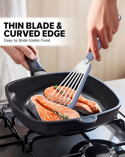 Fish Spatula Turner,Thin Slotted,Stainless Steel With Silicone Edge,2 Pack