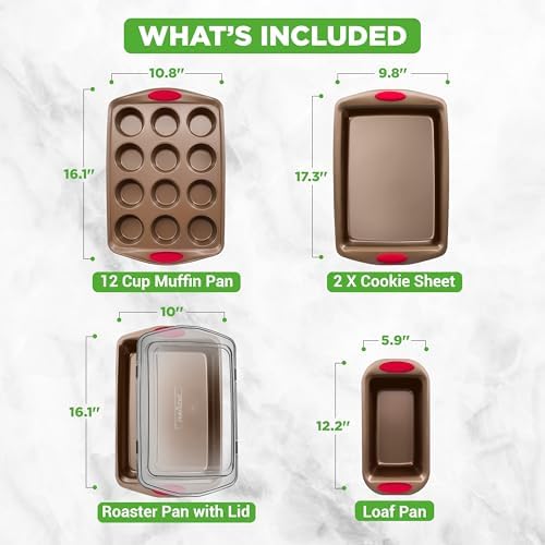 NutriChef 6-Piece Baking Pan Set - PFOA, PFOS, PTFE Free Flexible Nonstick Golden Coating Carbon Steel Bakeware - Professional Home Kitchen Bake Cookie Sheet Stackable Tray w/Red Silicone Handles