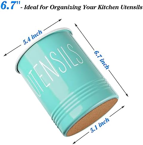 Bivvclaz Teal Kitchen Utensil Holder, 6.7" Utensil Holder for Kitchen Counter, Cooking Utensil Crock with Cork Bottom, Turquoise Decor and Accessories, Countertop Utensil Storage Caddy Organizer