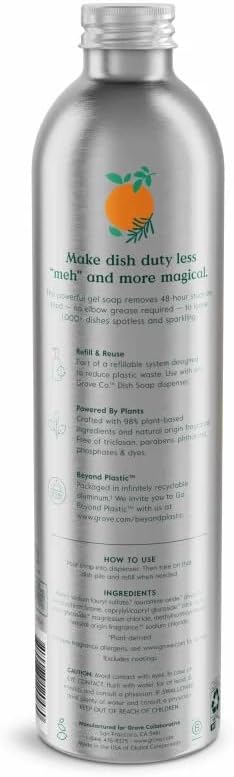 Grove Co. Dish Soap Refill, 1 x 16 fl oz Refill, Orange & Rosemary | Plastic-Free; Removes Stuck on Food; USDA Biobased; 98% plant-based ingredients; Natural Fragrance