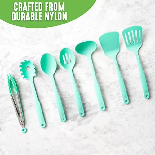 GreenLife Cooking Tools and Utensils, 7 Piece Nylon Set including Spatulas Turner Spoons and Tongs, Dishwasher Safe, Turquoise