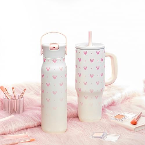 Zak Designs Disney Sutton Travel Tumbler for On the Go or At Home, 40oz Stainless Steel with Vacuum Insulation, Silicone Straw, Carry Handle, and 3D Artwork for Cold Drinks (Minnie Mouse)