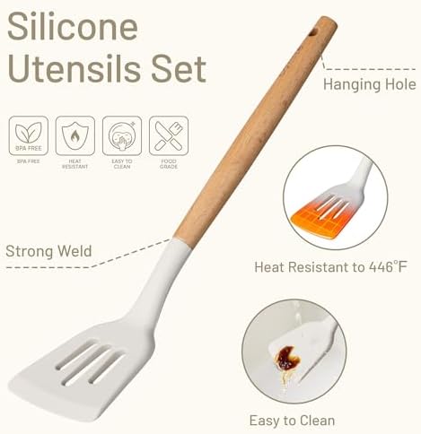 CAROTE Silicone Cooking Utensils Set, Kitchen Utensils Set 10 Pcs for cooking, BPA Free Spatula Set with Heat Resistant Wood Handles for Nonstick Cookware (Cream White) (Pack of 2)