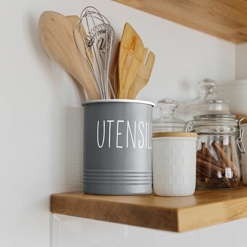 Bivvclaz Gray Kitchen Utensil Holder, 6.7" Utensil Holder for Counter, Cooking Utensil Crock with Cork Bottom, Modern Farmhouse Kitchen Decor, Countertop Utensil Storage Organizer Caddy
