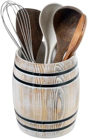 MyGift Whitewashed Wood Wine Barrel Kitchen Utensil Holder Crock