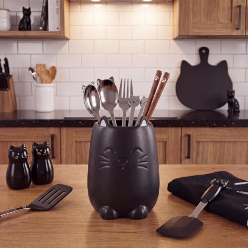 Yungyan Ceramic Black Cat Utensil Holder for Kitchen