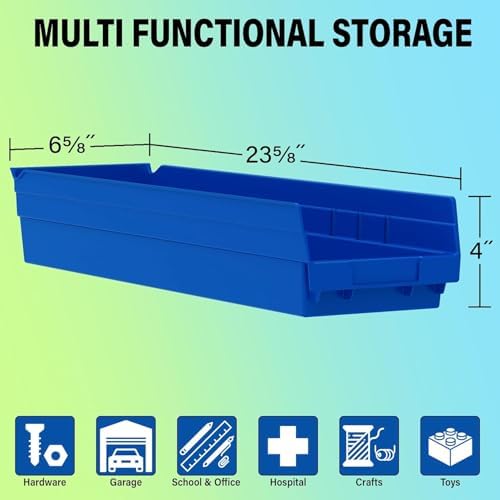 Akro-Mils 30164 Heavy Duty Plastic Shelf Bins, 24"x 6.5"x 4", Blue, 6-Pk