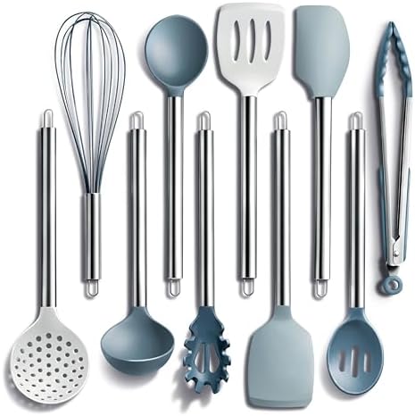 COOK WITH COLOR Silicone Cooking Utensils, Kitchen Utensil Set, Easy to Clean Silicone Kitchen Utensils, Cooking Utensils for Nonstick Cookware, Kitchen Gadgets Set, 10 Pieces, Blue and White