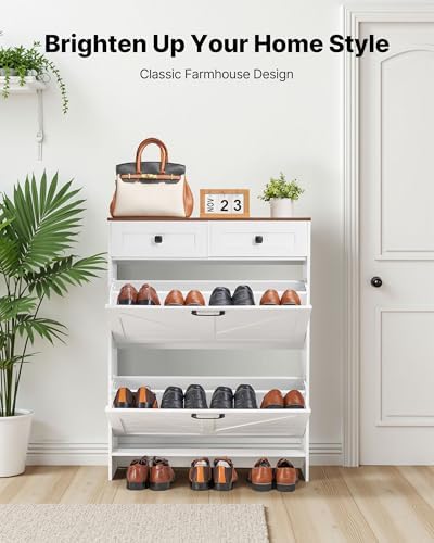 VEVOR Shoe Cabinet with 2 Flip Drawers, Farmhouse Shoes Storage Cabinet with 2 Drawers and Anti-Tipping Device, Freestanding Shoe Organizer Ideal for Entryway, Hallway, Bedroom, Living Room, White