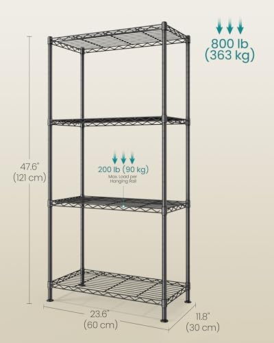 SONGMICS 4-Tier Storage Shelves, Adjustable Wire Shelving Unit, 8 Hooks