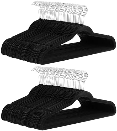 Amazon Basics Slim Velvet Non-Slip Space Saving Suit Clothes Hangers, Closet Organizer, Black/Silver, 100-Pack
