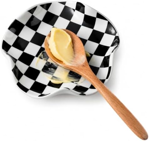 Miamolo Spoon Rest for Stove Top, 5.3in Checkered Spoon Holder Utensil Rest, Ceramic Spoon Rests for Coffee Bar, Kitchen Gadget Cooking Gift for Housewarming - Heat Resistant & Dishwasher Safe