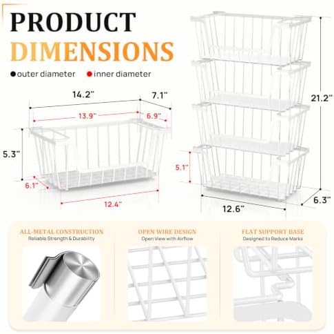 SUNALLY Stackable Storage Bins 4 Pcs Wire Baskets Freezer Organizer, White