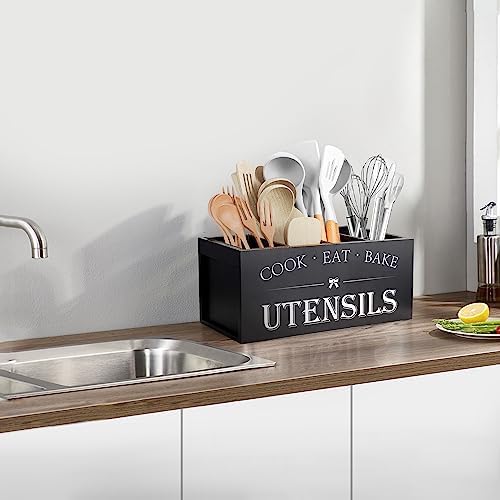 Suli Extra Large Utensil Holder Countertop for Kitchen Counter,Wood,Black