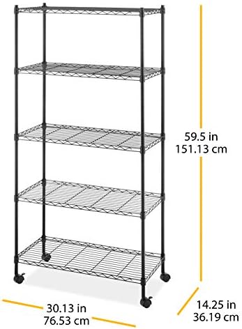 Whitmor 5 Tier Supreme Shelving Unit, Metal Storage Shelves, Adjustable Heavy Duty Shelf with Wheels, 400 lbs Capacity per Shelf, 2000 lbs Total for Pantry, Garage, Kitchen, Black