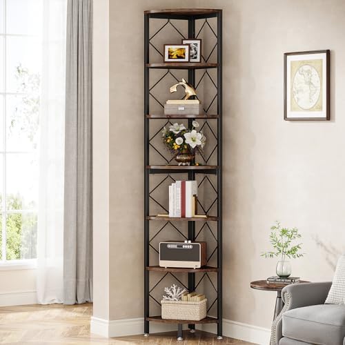 Tribesigns 7-Tier Corner Shelf, 78.7” Extra Tall Corner Bookcase, Industrial Slim Corner Bookshelf for Small Narrow Space, Wood Corner Shelf Stand Storage Rack for Living Room, Home Office