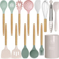oannao Silicone Cooking Utensils Set - 446°F Heat Resistant Silicone Kitchen Utensils for Cooking,Kitchen Utensil Spatula Set w Wooden Handles, BPA FREE Gadgets for Non-Stick Cookware (Colorful)