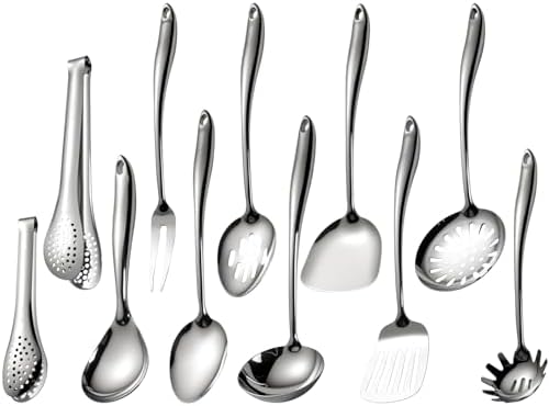 304 Stainless Steel Cooking Utensils Set, 11 PCS Long Large Metal Cooking Utensil Tools Set, Mirror Polished Kitchen Gadget Cookware and Kitchen Tool Set, Dishwasher Safe