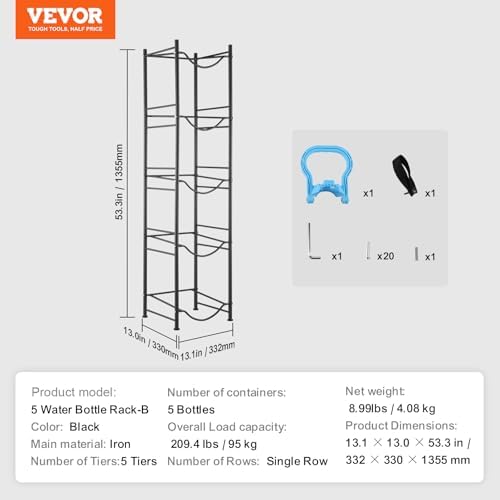 VEVOR 5 Tiers Water Jug Holder, 5 Gallon Water Bottle Holder, Single Row Water Bottle Rack for 5 Bottles, Heavy Duty Water Jug Rack for Kitchen, Office, Living Room, Black