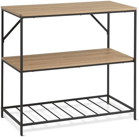 Amazon Basics Kitchen Island with 3 Storage Shelves, Black and Oak Effect, Melamine Surface, Adjustable Feet