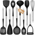 Large Silicone Cooking Utensils Set, 10Pcs Nonstick Kitchen Utensil Set with Stainless Steel Handle, BPA Free Spatula Set with Turners Spoon Ladle Skimmer(Black/Silver)