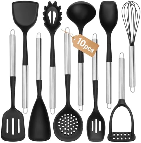 Large Silicone Cooking Utensils Set, 10Pcs Nonstick Kitchen Utensil Set with Stainless Steel Handle, BPA Free Spatula Set with Turners Spoon Ladle Skimmer(Black/Silver)