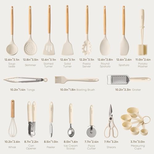 CAROTE 22-Piece Cooking Utensils Set with Wood Cool-Touch Handles, Cream