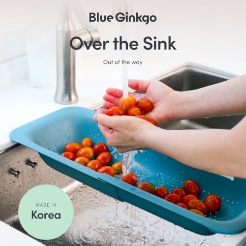 Blue Ginkgo Over Sink Colander, Extendable Kitchen Strainer, 2-Pack, Teal
