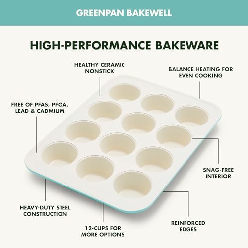 GreenPan Bakewell 12-Cup Muffin Pan, Healthy Ceramic Nonstick Bakeware, PFAS-Free Cupcake Mold, Durable Baking Tray, Versatile Kitchen Essentials, Easy Clean Ovenware, Turquoise