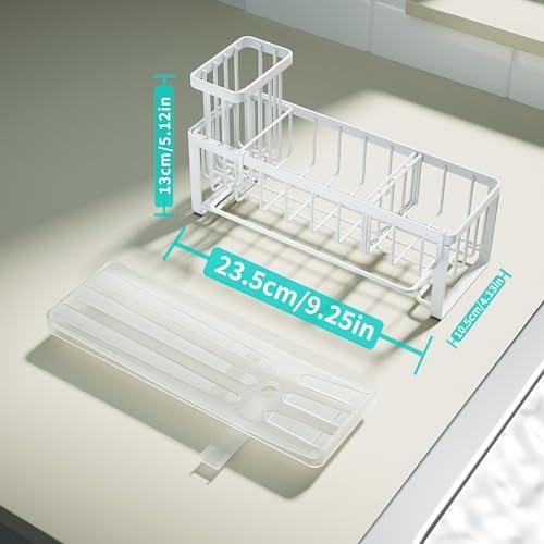 HapiRm Sponge Holder for Kitchen Sink - Self-draining Sink Caddy with Brush and Dishcloth Holders, Stainless Steel Kitchen Organizer for Countertop - White
