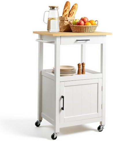 VEVOR Kitchen Island Cart with Single Door Cabinet, Mobile Carts with Drawer, Towel Rack, Hooks, Portable Table on Swivel Wheels, Small Coffee Islands Microwave Stand for Dining Room, 18x23 in, White