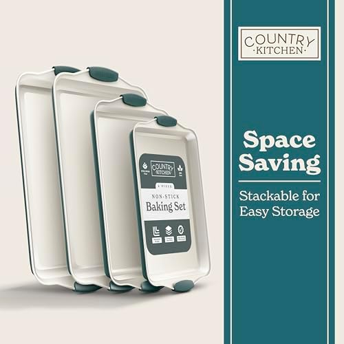 Country Kitchen Nonstick Stackable Bakeware Set - Heavy Duty, Durable, Easy Release Baking Set, Sage, 4 Pcs