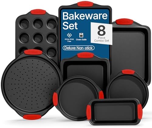 BAKKENMASTER Baking Set – 8 Piece Kitchen Oven Bakeware Set – Deluxe Non-Stick Black Coating Inside and Outside – Carbon Steel – Red Silicone Handles – PFOA PFOS and PTFE Free by Bakken
