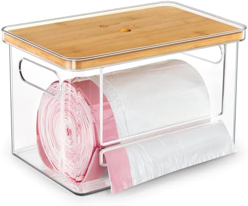 Stackable Trash Bag Dispenser with Wooden Top for Holding 13/30/33-Gallon Large Bag Sizes – Extra-Large Garbage Bag Holder with Anti-Slip Base, Trash Bag Dispenser Under Sink (11.5"x7.5"x7")