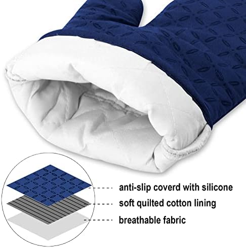 KEGOUU Oven Mitts and Pot Holders 6pcs Set, Kitchen Oven Glove High Heat Resistant 500 Degree Extra Long Oven Mitts and Potholder with Non-Slip Silicone Surface for Cooking(Marine Blue)